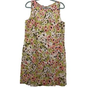 J Jill Love Linen Womens Size M Floral Shift Dress Green Pink Sleeveless Pockets